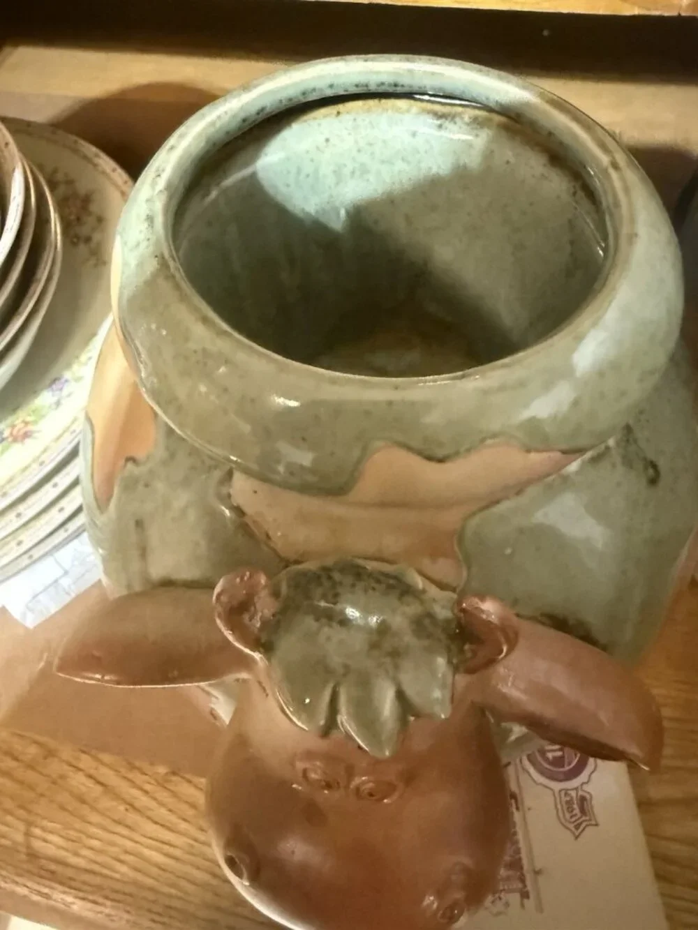 Adorable Cow Bull Green Glaze Pottery Planter